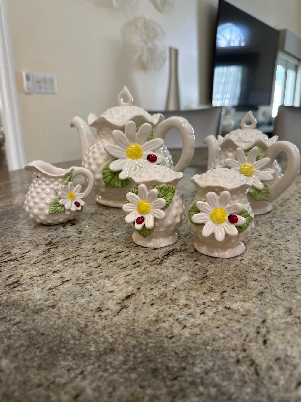 Vintage Daisy ladybug Tea set cottage core mini teapot salt pepper set decor